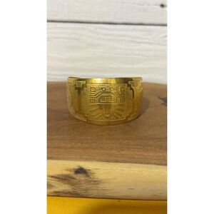 Vintage Peruvian Incan Tumi Deity Gold Tone Wide Cuff Statement Bracelet
